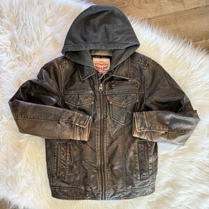 Levi’s faux leather hooded bomber trucker jacket youth M 10-12